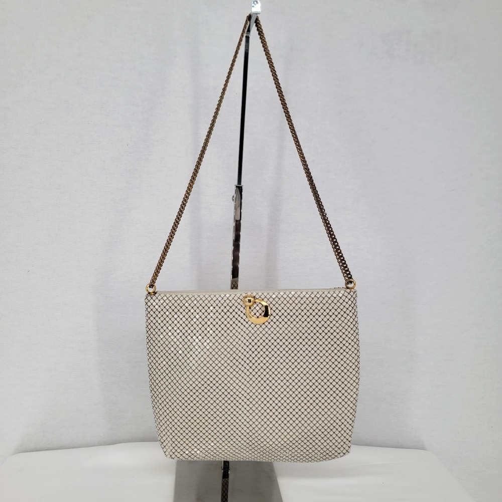 Whiting and Davis International White Mesh Shoulder Bag Gold Ring Clasp Vintage
